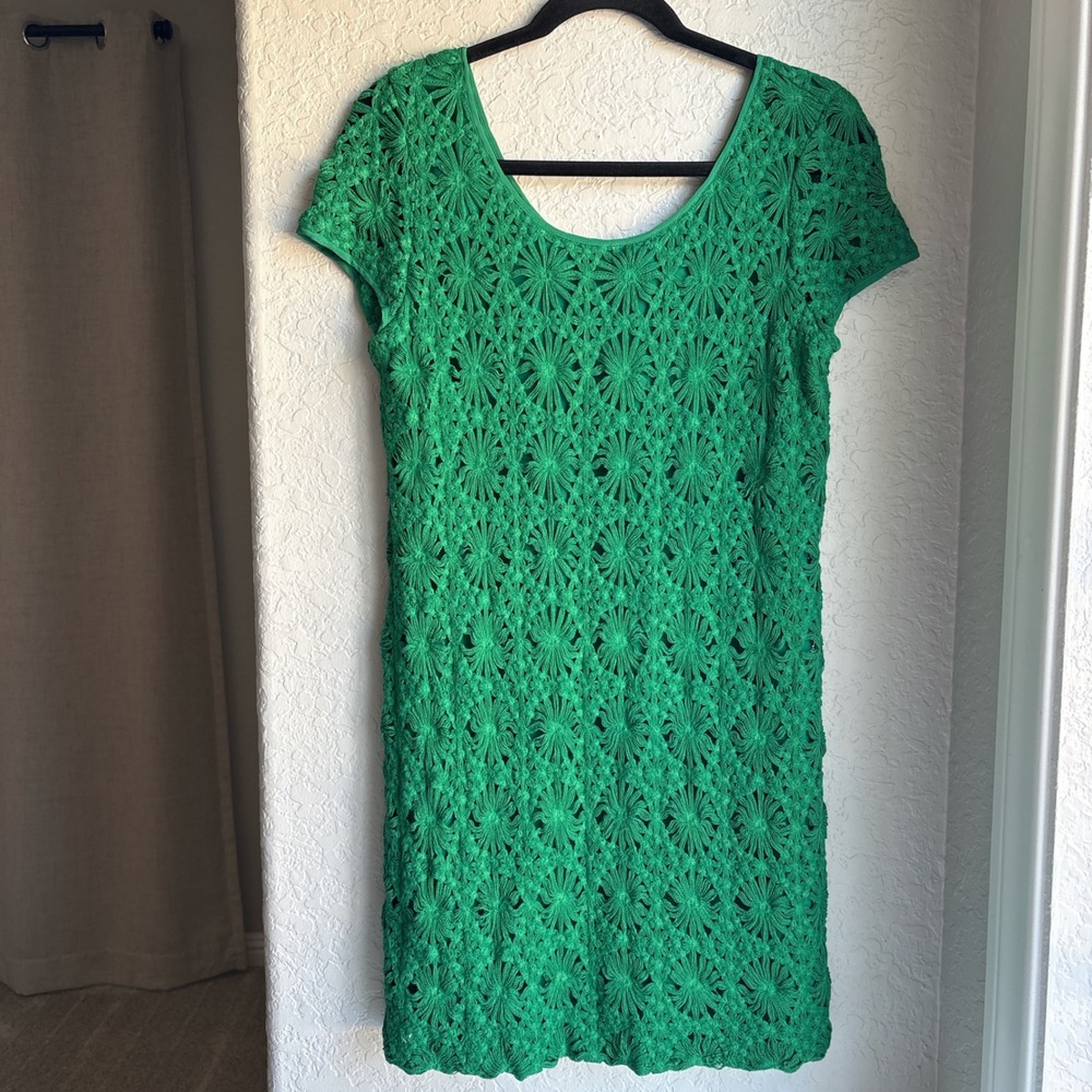 Anthropologie Y2K Cluny 8 Green Dress Floral Crochet Mini Cap Sleeve Scoop Neck